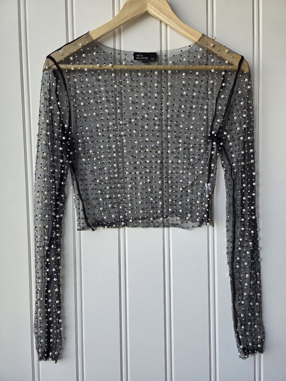 Hot & Delicious Long Sleeve Pearl Rhinestone Sheer Crop Top Black Womens Small